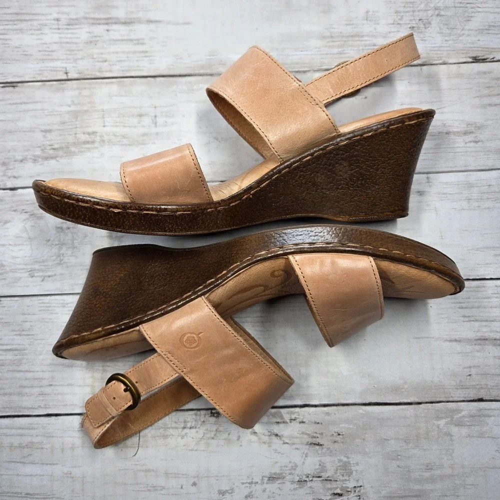 Born D91516 CCK15 Leather Wedge Slingback Sandals Women 12 Tan Nude Boho Comfort